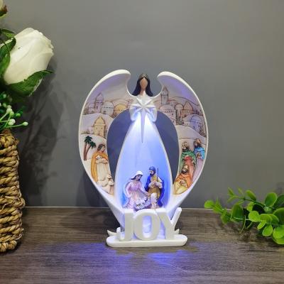 China Worlwide Home Decoration Religious Resin Angels Nativity Scene Polyresin Lit Angels Nativity for sale