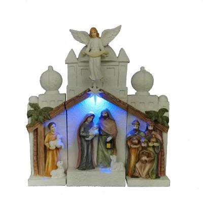 China Worlwide Resin Christmas Angel Castle KD Lit Religious Nativity Family Holy Statue Figurines for sale