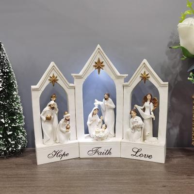 China Holy Light Nativity Scene Europe Resin Christmas Nativity Set Figurine Religious Family Items for sale