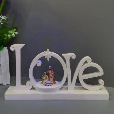 China Europe Home Decorations Polyresin Holy Family Lit Religious LOVE/HOPE Nativity Resin Statue for sale