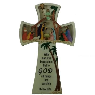 China Europe Polyresin Indoor Light Nativity Scene Religious Lighted Cross Holiday Sculpture Resin Cross for sale