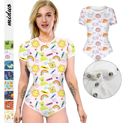 China Custom Made QUICK DRY Pattern Unicorn Jumpsuit Adult Romper Women Short Sleeve Jumpsuit Onesie Fitted Snap Crotch for sale