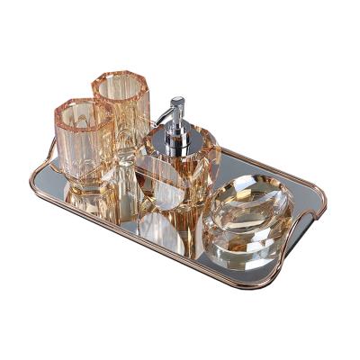 China Viable Wholesale Creative Luxury Suit Home Gloval Five-Piece Glass Bathroom Accessories Set With Tray for sale