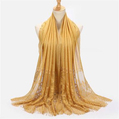 China Fashion Wholesale Solid Color Elegant Muslim Scarf Shape Floral Lace Fringe Hijab Scarf for sale