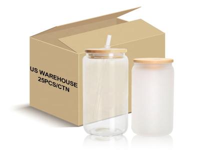 China Reusable US Warehouse 16oz Sublimation Box Cup 16oz 401-500ml Clear Frosted Glass Beer Can Mugs With Bamboo Lid And Plastic Straws for sale