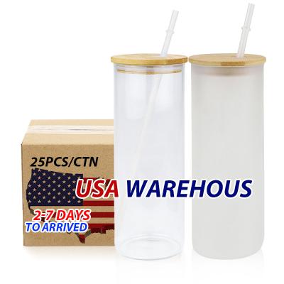 China US Sustainable Warehouse Amazon Hot Transfer 25oz Beer Mugs Mug Clear Straight Sublimation Frosted Glass Tumbler With Straw And Bamboo Lid for sale