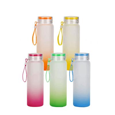 China Viable Heat Press Printing Gradient Color Glass17oz 500ml Container Frosted Sublimation Glass Water Bottle With With Portable Lid for sale