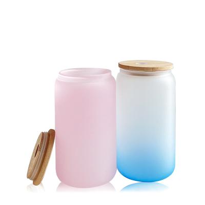 China Can16oz 20oz Gradient Color Beer Sublimation Empty Gradient Ombre Frosted Glass Water Bottle With Bamboo Lid for sale