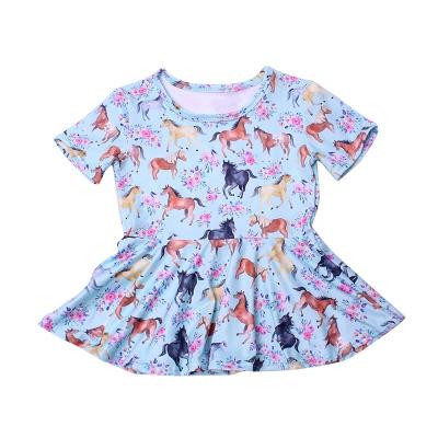 China Supplier wholesale breathable high fashion clothing baby silk horse horse printed kids girl peplum short sleeve clothing top fashion for sale