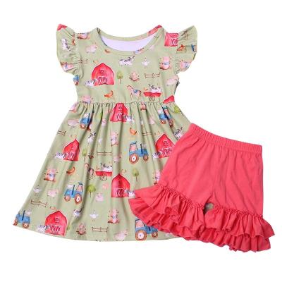 China Breathable Babies Clothing Sets Lovely Toddler Boutique Outfits Happ Farm Print Pearl Dress And Shorts 2 Piece Matching Sets Holiday for sale