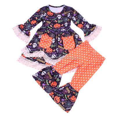 China Halloween Style Kids Clothing Set Sweet Boutique Lace Girls Dress Sets Polka Dot Pumpkin Printed Pants Outfits for sale