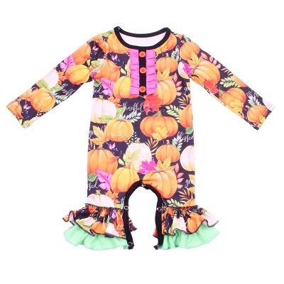 China Wholesale 2020fall children's boutique clothing Halloween day pumpkin design baby romper milk silk with long sleeve ruffles button design for sale