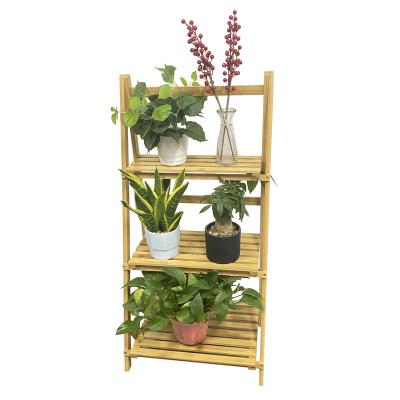 China Eco-Friendly Indoor Folding Bamboo Shelf 3 Tier Garden Green Plant Stand Flower Pot Holder Wood Storage for sale