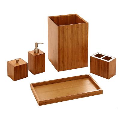 China Sustainable Bamboo Bathroom Accessories Set Wooden Bathroom Set Complete With Soap Dispenser, Toothbrush Holder, for sale