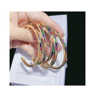 China Fashion Brand New High Quality Colorful Gold Plated 18k Rainbow Zircon Cuff Bracelet For Woman for sale