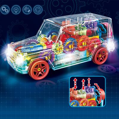 China Transparent Flashing Light Games Charming Race Car Battery Operated Mechanical Music Toy With Visible Colored Moving Gears for sale