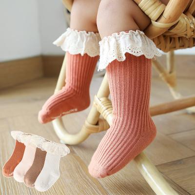 China JULY SONG Autumn Winter Warm Baby Socks Breathable Solid Combed Cotton Long Tube Newborn Bumps Girls Lace Lovely Knee High Socks for sale