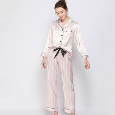 China JULY SONG Breathable Striped Dots Women Sleepwear Faux Silk Long Sleeve Pants Pajamas Set Spring Summer Female Nightgowns Pajamas for sale