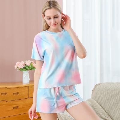 China SONG OF JULY QUICK DRY Tie Dye Sleepwear For Women Casual Crew Neck Short Sleeve Tee Sleep Shorts Female Summer Cotton Pajamas Set for sale