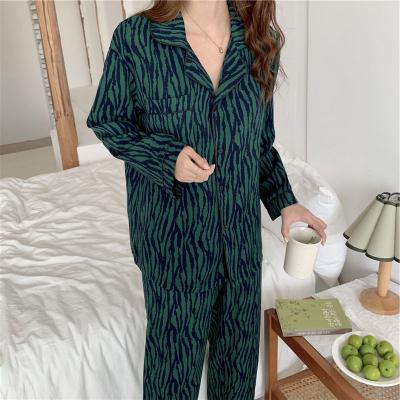 China Breathable JULY SONG green zebra print women sleepwear 2Pcs long sleeve pants pajamas set Autumn Casual Nightwear Female Pajamas for sale