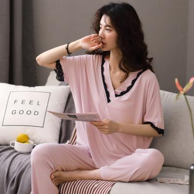 China SONG OF JULY QUICK DRY 2 Piece Pajamas Set Simple Modal Comfortable Casual V-neck Sleepwear Short Sleeve Homewear Lace Pajamas Female Suit for sale