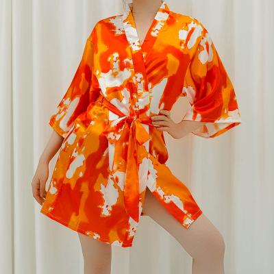 China JULY SONG QUICK DRY Tie Dye Orange Loose Faux Silk Female Nightgown 2020 Long Robe Pajamas Women Sashes Femme Casual Half Long Sleeve Robe for sale