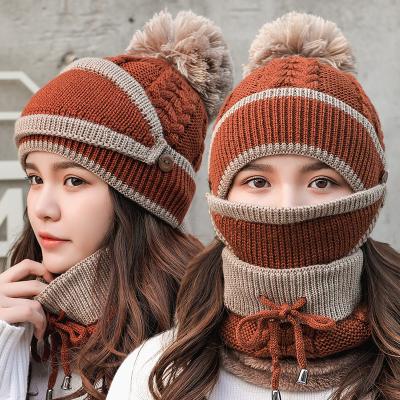 China COMMON JULY SONG Winter Women Ring Scarf Mask Hat Set Solid Female Velvet Striped Thick Warm Beanies Bike Mask Buckle Dustproof Scarf for sale