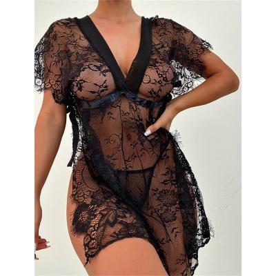 China Lace Up Female Nightgowns Female Nightgowns With G-string Lady Transparent Lace Underwear Woman Black Sexy Lingerie for sale