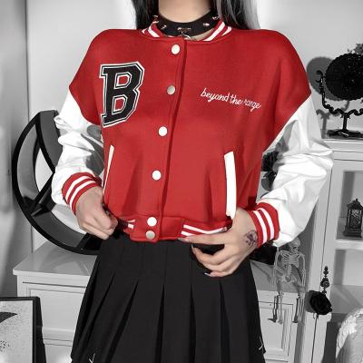 China Fashion Ladies Anti-wrinkle Color-blocking Short Style Embroider Round-neck Gym Coat Wholesale Long Sleeve Baseball Leather Jacket For Women for sale