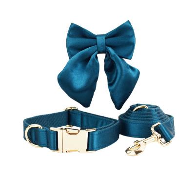 China Personalized Wholesale Custom Design Logo Silky Polyester Personalized Adjustable Dog Accessories Dog Collar Bow Tie Leash Set for sale