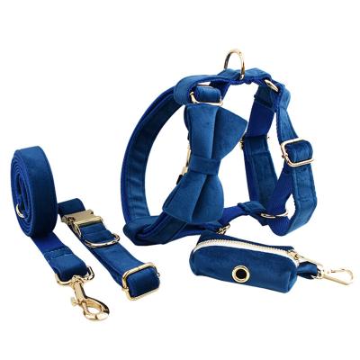 China Personalized 2023 Hot Selling Pet Dog Harness Personalized Custom Design Sublimation Printed Blue Velvet Retractable Dog Collar And Leash Set for sale