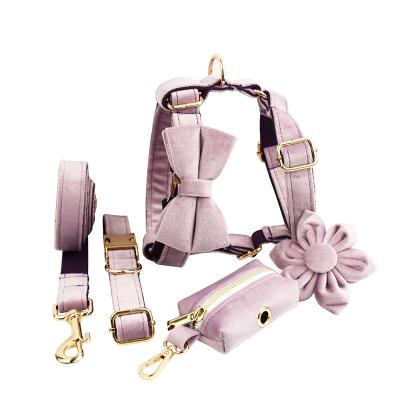 China Personalized Top Seller Custom Logo Velvet Dog Collars Leashes Harness Poo Bag Holder Bow Set Webbing For Sublimation Luxury Wholesale for sale