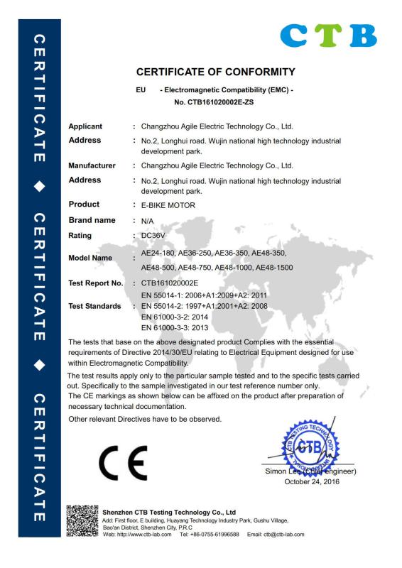 CE - Changzhou Agile Electric Technology Co.,Ltd