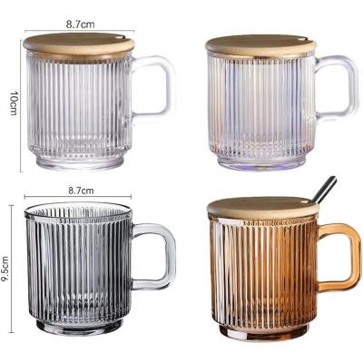 China Sustainable Top seller premium ribbed glassware tea latte cup water tumbler vertical stripes glass cups amber coffee mug with bamboo lid for sale