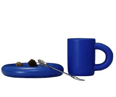 China Sustainable Klein Blue's Original High-End Ceramic Mug Handgrip Water Cup with Spoon High Aesthetic Household Cup and Plate Set for sale