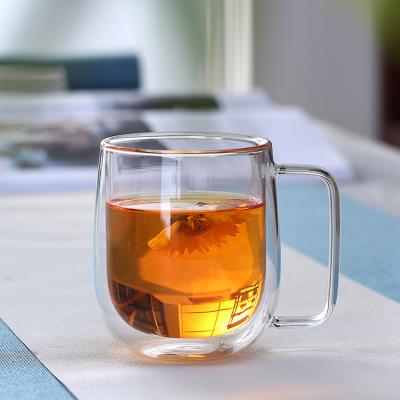 China Sustainable 12 oz borosilicate glass heat-insulated double wall glass mug for hot coffee and tea with handle for sale