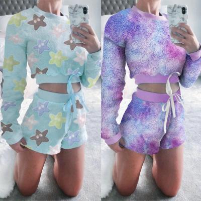 China Viable Wholesale Two Piece Set For Women Fall And Winter Leisure Suit Round Neck High Waist Tie Dye Short Tie-knot Suit for sale