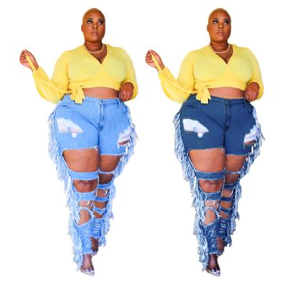 China HC 21173 Sustainable Hollow Out Hole Tassel Pants Denim Fabric Jeans Fashion Blue Plus Size WomenJeans for sale