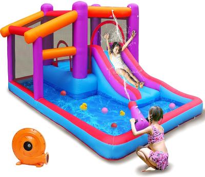 China Outdoor Purple Water PVC Spray Bounce Castle Backyard Inflatable Water Jumping Pool Slides Bouncy House For Kids for sale