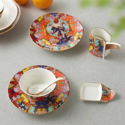 China Sustainable Christmas Auratic Plant Flower Pattern Colorful Ceramic Dinnerware Set New Design Porcelain Dinner Sets for sale