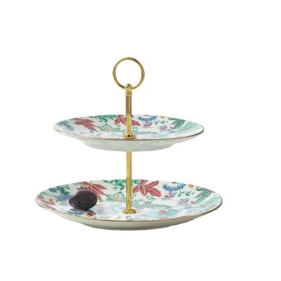 China Wholesale Auratic 2 Tier Flower Cake Cupcake Dessert Wedding Stand Viable Flat Plate Ceramic Fine Cake Stand Set for sale