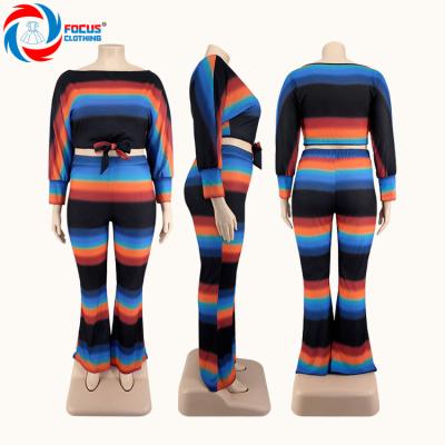 China New Breathable DM67 Women Plus Size Bow Stripe Printing Pullover Sweatshirt Casual Pants Two Piece Set for sale