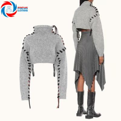 China Customs Service Ladies Fashion Drawstring Winter Breathable Splice Apparel Women's High-Nangled Pullover Sweater for sale