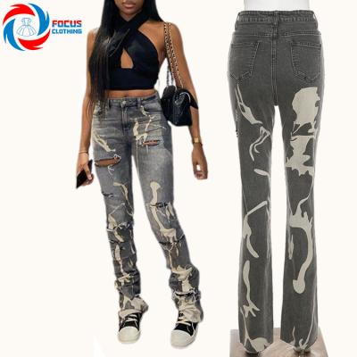 China New Design Breathable Ladies Plus Size Denim Hole Printing High Waist Straight Pants Women Washed Slim Fit Pants Jeans for sale