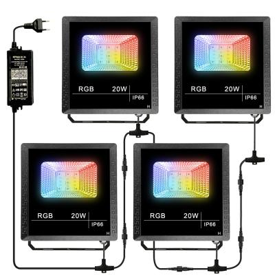 China Garden Drop Shipping IP66 RGB Flood Light Group Control 20W Outdoor Garden Lamp 4 in 1 APP & Remote Control LED Security Light for sale