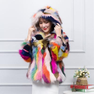 China New Arrival 100% Real Multicolor Mixed Real Raccoon Fur Coat Hoodies Women's Real Fur Winter Overcoat Female Customized Size JN651 for sale