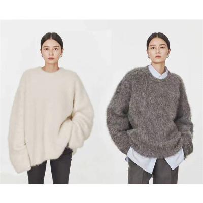 China Real Silhouette 100% Mink Cashmere Round Neck Warm Winter Sweaters Solid Color Custom Women Plush Fluffy Sweaters AL048 for sale