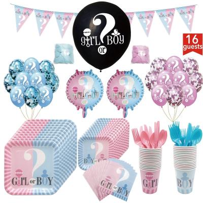 China Disposable Festival Decoration Selection Baby Shower Party Dish Cups Napkin Supplies Gender Reveal Party Boy Or Girl Tableware Balloons Decoration for sale