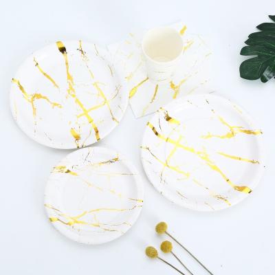 China 100% New Design Marble Set Bachelorette Wedding Anniversary Eco-Friendly Party Decorations White and Gold Foil Race Paper Cup Plates for sale