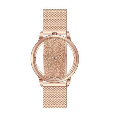 China Water Resistant New OEM Design Fashion See Through Alloy Case 37mm Low MOQ Silver Rose Gold Ladies Diamond Quartz Stone Watch for sale